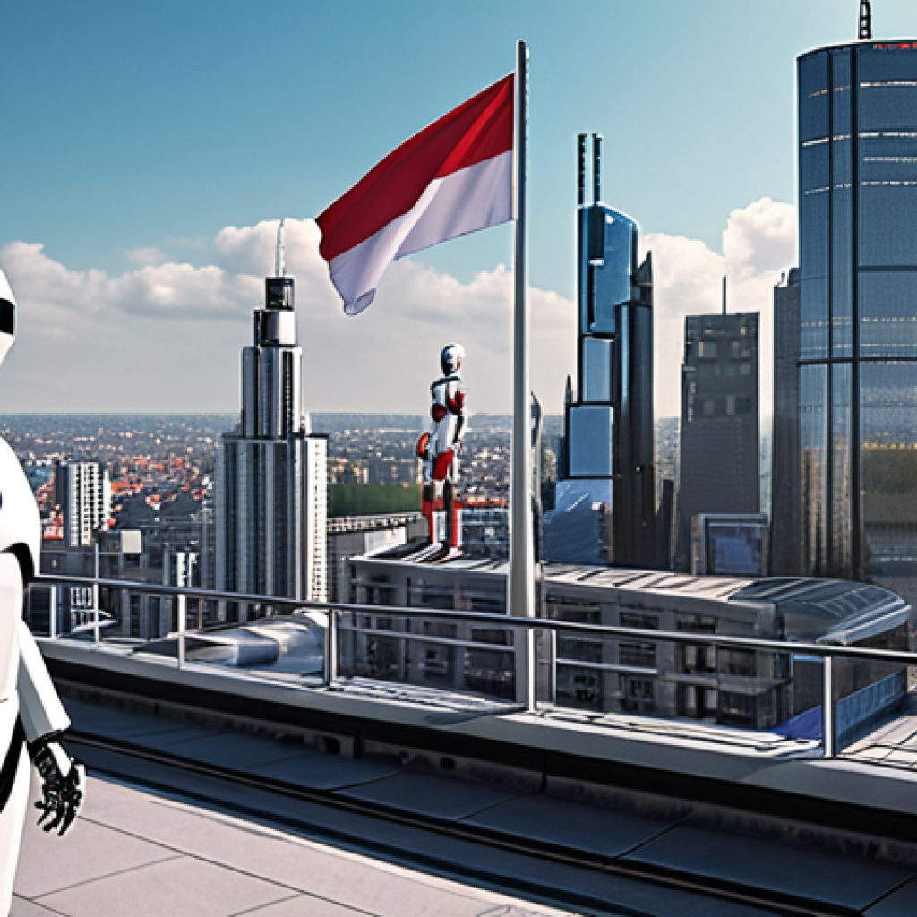 A futuristic cityscape with robots working alongside humans in various professions, emphasizing collaboration and new job opportunities. Incorporate the Polish flag subtly in the background.