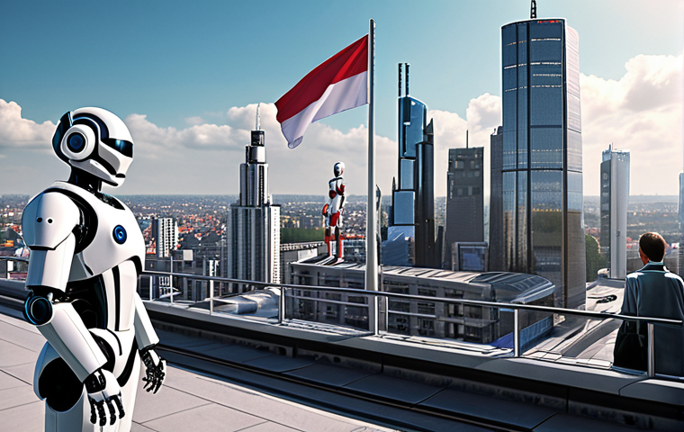 A futuristic cityscape with robots working alongside humans in various professions, emphasizing collaboration and new job opportunities. Incorporate the Polish flag subtly in the background.