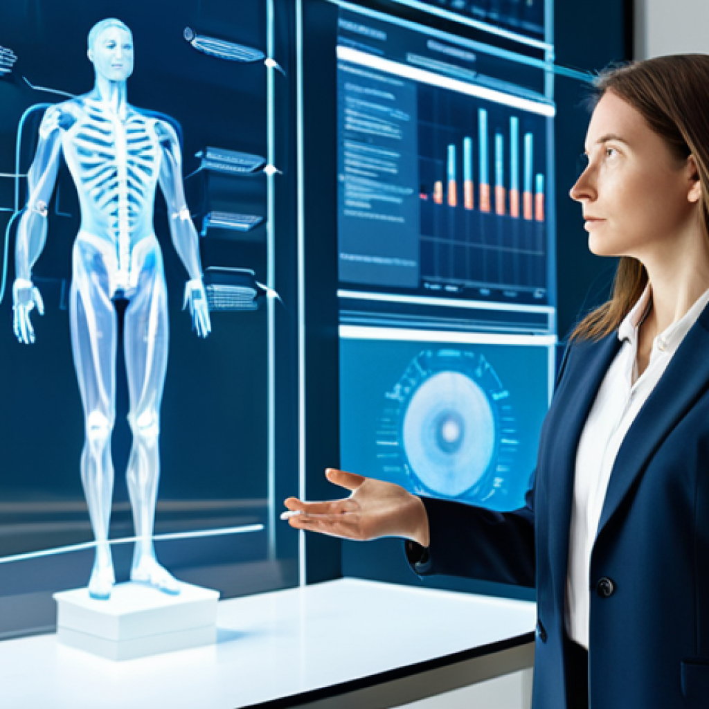 A thoughtful female professional, an AI ethicist, in a modest business suit, stands in a sleek, modern European conference room. She gestures towards a transparent holographic display showing abstract ethical guidelines for AI. The lighting is bright and clean, emphasizing a serious, contemplative atmosphere. The image captures perfect anatomy, correct proportions, natural pose, well-formed hands, and natural body proportions. This is a professional portrait, safe for work, appropriate content, fully clothed, and family-friendly, high quality, studio lighting.
