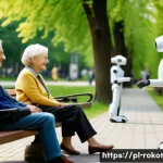 로봇 윤리 규범의 사회적 수용성 - A futuristic urban scene in Poland showing a diverse group of elderly people interacting warmly with...