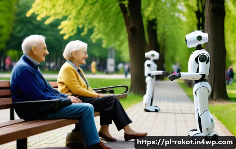 로봇 윤리 규범의 사회적 수용성 - A futuristic urban scene in Poland showing a diverse group of elderly people interacting warmly with...