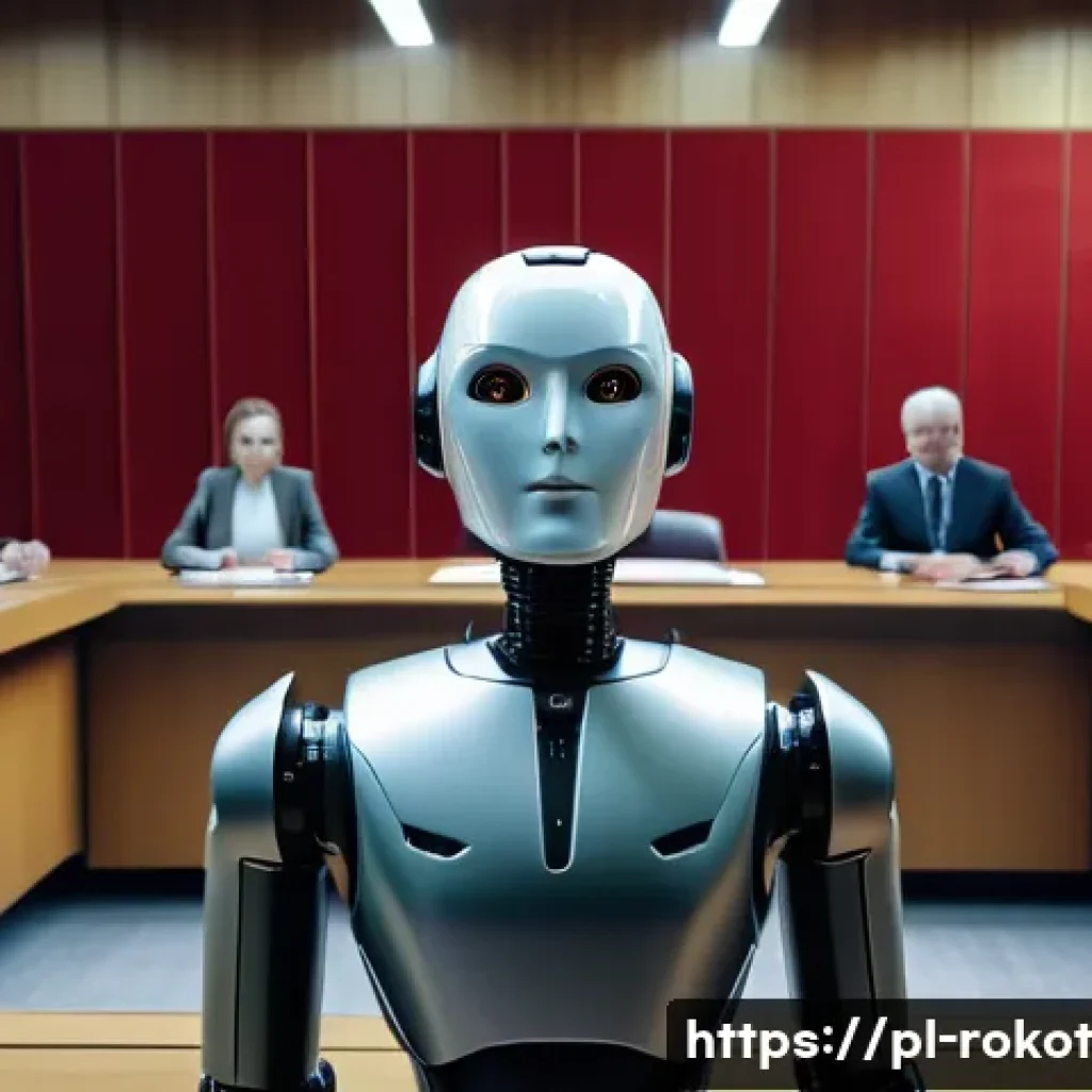 로봇 윤리 규범의 정치적 접근 - A futuristic courtroom scene in Poland featuring a humanoid robot on trial, surrounded by diverse le...