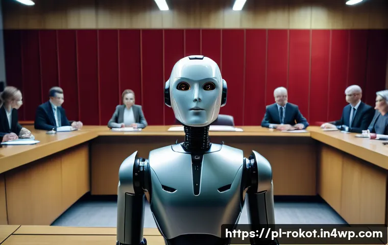 로봇 윤리 규범의 정치적 접근 - A futuristic courtroom scene in Poland featuring a humanoid robot on trial, surrounded by diverse le...