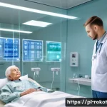 Home 22 로봇의 윤리적 기준 및 평가 방법 - A futuristic healthcare robot in a modern Polish hospital setting, designed with transparent panels ...