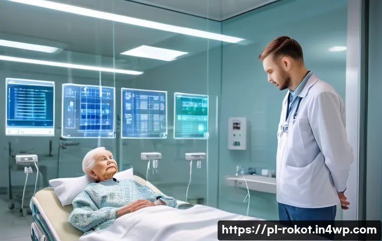 로봇의 윤리적 기준 및 평가 방법 - A futuristic healthcare robot in a modern Polish hospital setting, designed with transparent panels ...