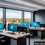 Home 21 로봇의 윤리적 평가 및 기준 마련 - A modern Polish tech startup office interior, featuring diverse professionals collaborating around c...