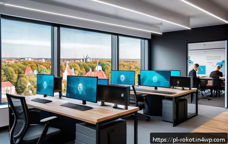 로봇의 윤리적 평가 및 기준 마련 - A modern Polish tech startup office interior, featuring diverse professionals collaborating around c...