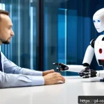 Home 20 로봇 중재의 윤리적 관점 - A modern mediation office in Poland featuring a professional human mediator interacting with a sleek...