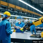 Home 18 AI와 로봇의 윤리적 문제 - A modern Polish factory interior with advanced robotic arms assembling electronic devices alongside ...