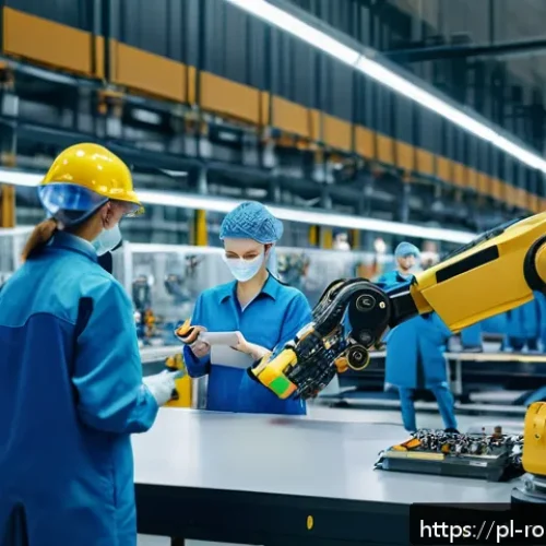 Home 30 AI와 로봇의 윤리적 문제 - A modern Polish factory interior with advanced robotic arms assembling electronic devices alongside ...