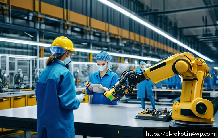 AI와 로봇의 윤리적 문제 - A modern Polish factory interior with advanced robotic arms assembling electronic devices alongside ...