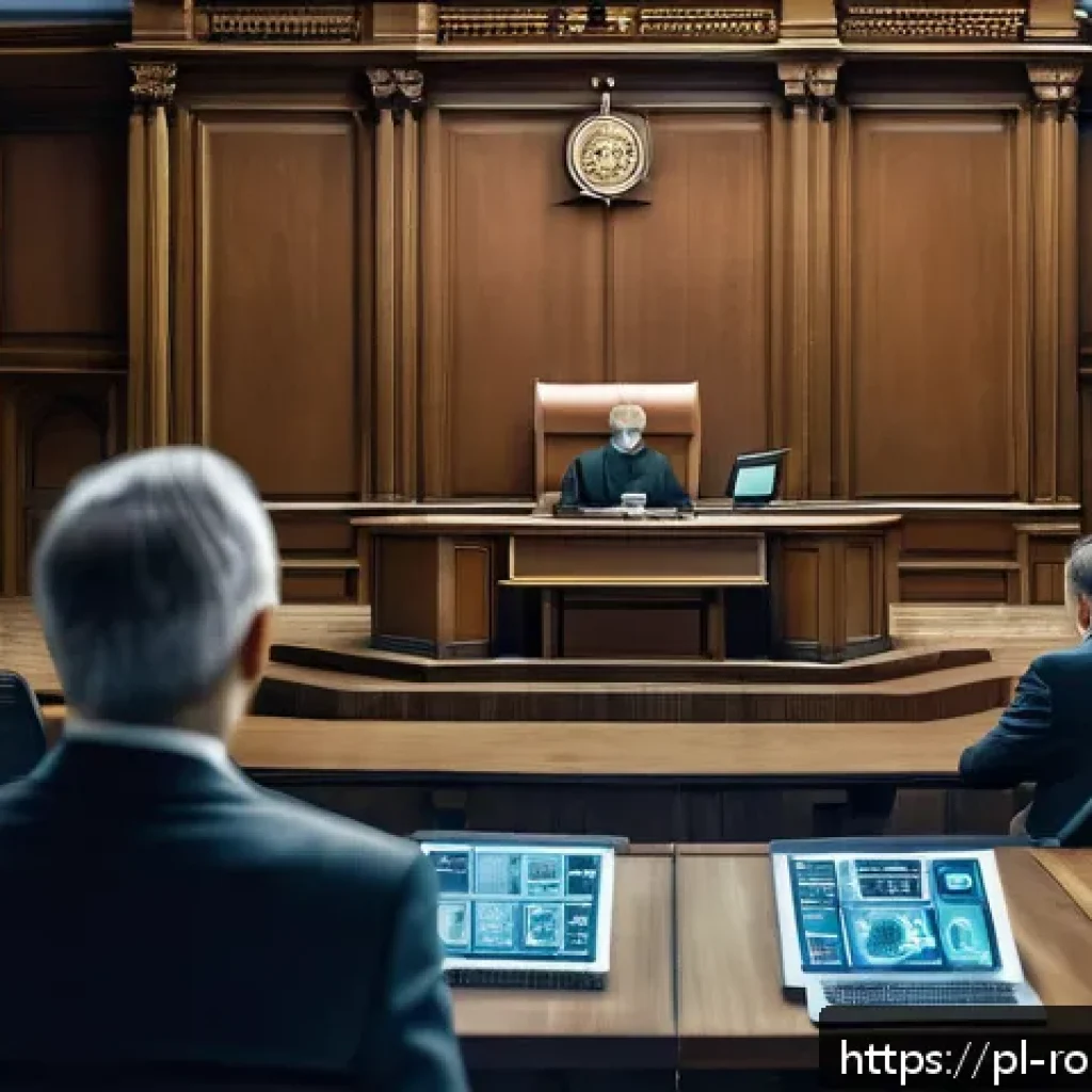 로봇 윤리 규범과 사용자 권리 - A futuristic courtroom scene in Poland where human judges, lawyers, and robotic entities interact, s...