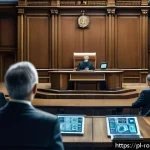 Home 23 로봇 윤리 규범과 사용자 권리 - A futuristic courtroom scene in Poland where human judges, lawyers, and robotic entities interact, s...