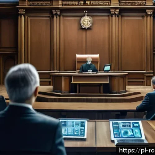 Home 17 로봇 윤리 규범과 사용자 권리 - A futuristic courtroom scene in Poland where human judges, lawyers, and robotic entities interact, s...
