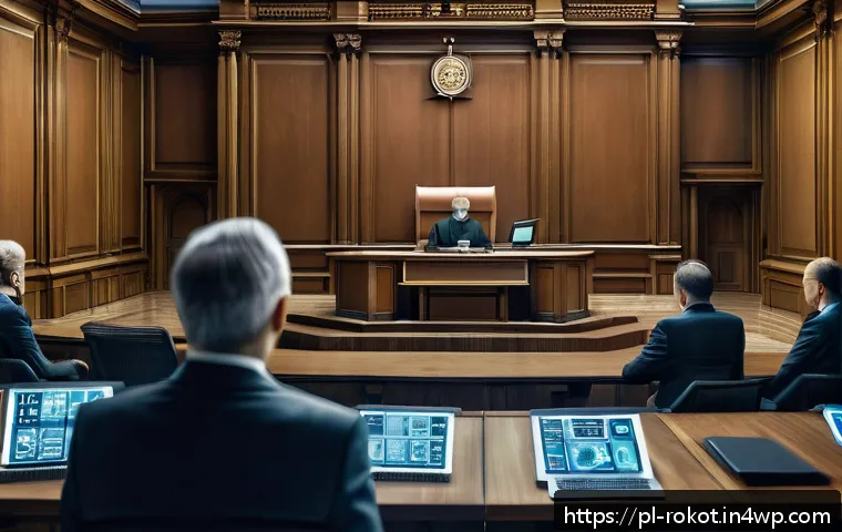 로봇 윤리 규범과 사용자 권리 - A futuristic courtroom scene in Poland where human judges, lawyers, and robotic entities interact, s...
