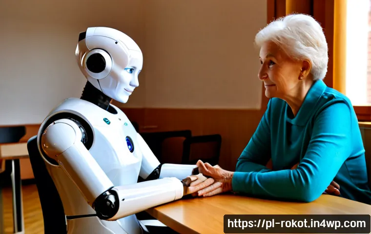 로봇 윤리 규범과 인간의 감정 이해 - Photorealistic scene in a modern Warsaw community center, a friendly humanoid service robot seated r...